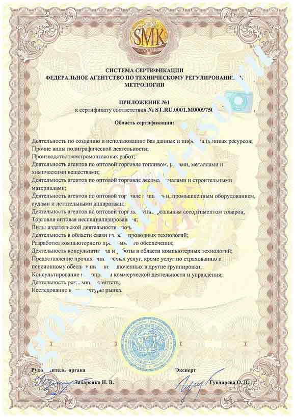 Приложение к сертификату ГОСТ Р ИСО/МЭК 27001-2006 (ISO/IEC 27001:2005) с видами деятельности